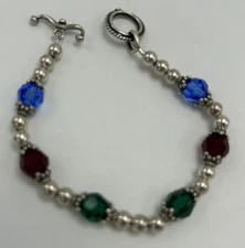Silver Bracelet Multicolor Ball Bead Strand 6.5" Toggle Clasp Not Marked Read