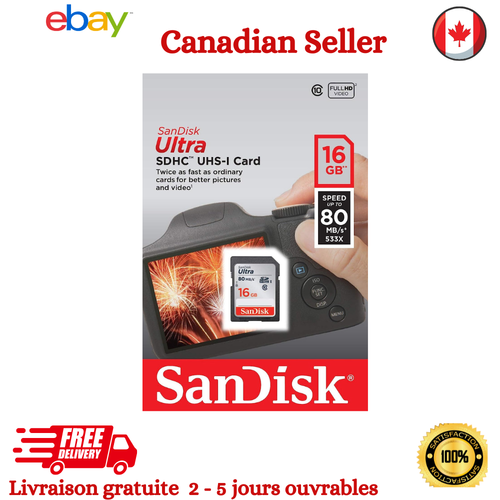 Carte Mémoire SanDisk Ultra SDXC 16 Go Classe 10 80 Mo/s Carte SD Full HD Camera - Photo 1 sur 8