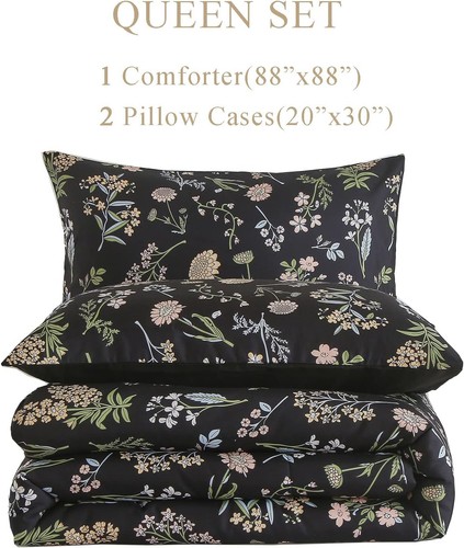 Floral Comforter Set Queen Size, Yellow Green Queen(3-Piece Set), Black - Picture 2 of 7