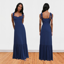Lulus Truly Gorgeous Dark Blue Ruffled Bustier Tie-Strap Maxi Dress Small