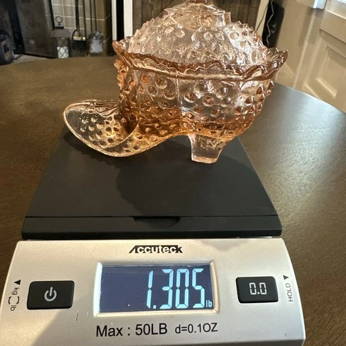 Hobnail Peachy Pink Depression Glass Shoe Candy Dish w/ Lid Boot~ Reproduction