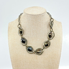 Vintage Retro Industrial Silver Tone Link Necklace Metallic Tumbled Stone Style