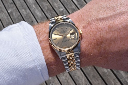 Unpolished 1996 Rolex Datejust 36mm 18K YG & Steel Jubilee Champagne Dial 16233