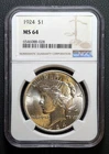 1924 PEACE SILVER DOLLAR. NGC CERTIFIED MS64. PG $130 Cert#6546088-028
