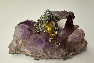 Vintage Amethyst & Quartz Gem Mineral Rock - Gold Miner Mountain Scene