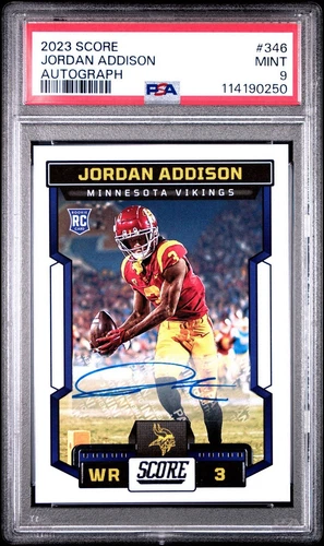 2023 Score Football Autograph #346 Jordan Addison RC Rookie Vikings PSA 9