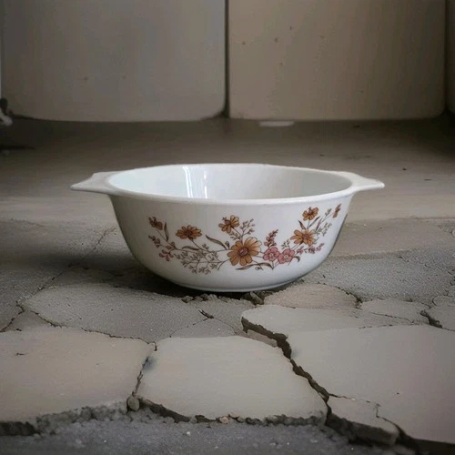 VINTAGE PYREX PEACH FLORAL CASSEROLE - MADE IN ENGLAND - 1-1/2 QUART