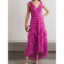 MARCHESA NOTTE Sleeveless V-neck Sequin Polka Dot Tea-length Gown In Fuchsia 0