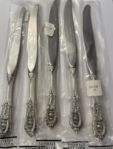 5 New Wallace Rose Point  9 1/8" Sterling Silver & Stainless Steel Dinner Knives