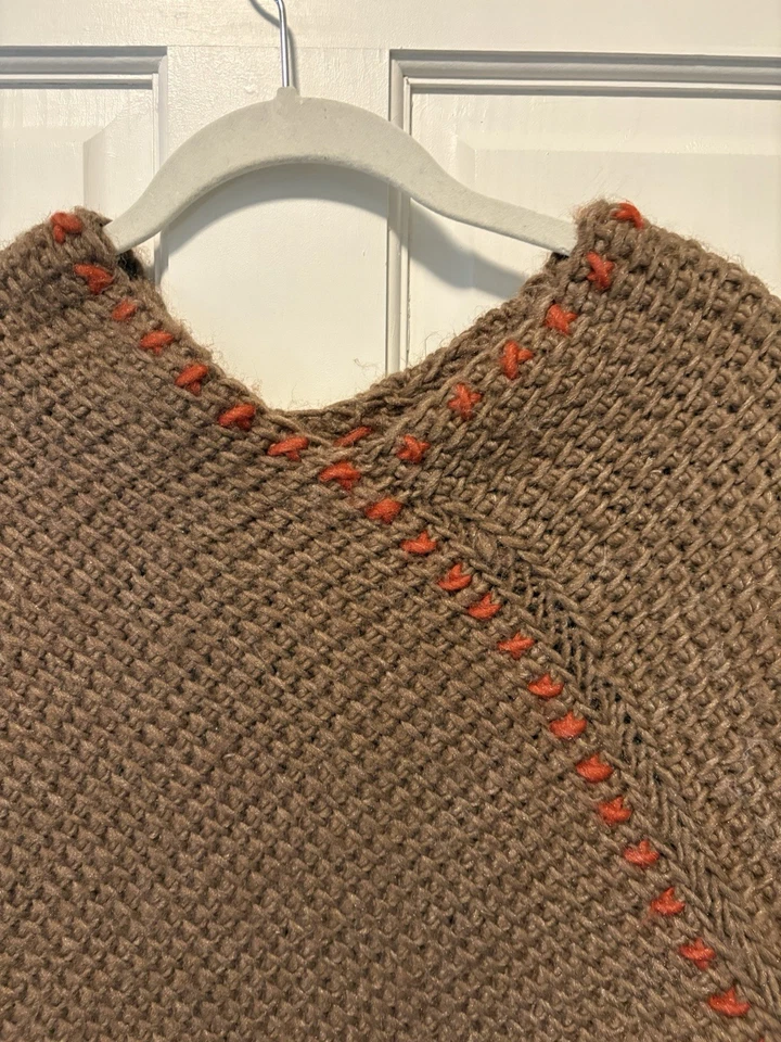 Hand knit Brown Fringe Poncho Sweater Bohemian Festival Women’s One Size - Image 3 of 4