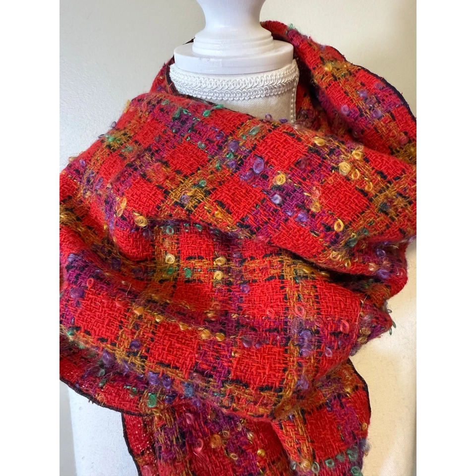 Made in France Wool Mohair Blend Plaid Scarf Red Purple Multicolor Fringe Trim - Image 3 of 4