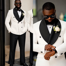 Wedding Formal Men's Suit Groom Shawl Lapel Tuxedo Jacket Double Breasted 2Pcs
