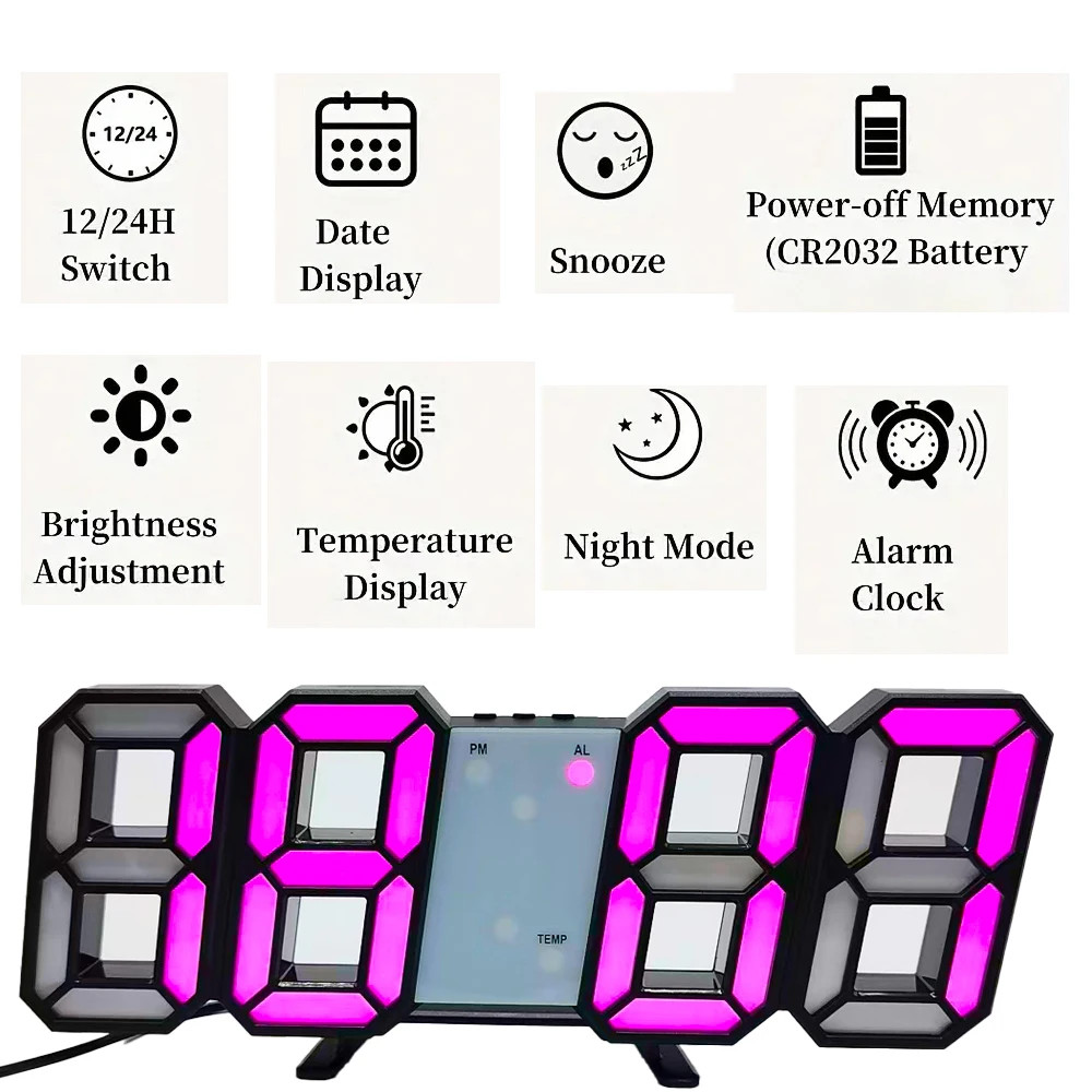 3D Black Frame Pink Light Led Digital Alarm Clock, 9.06inch,