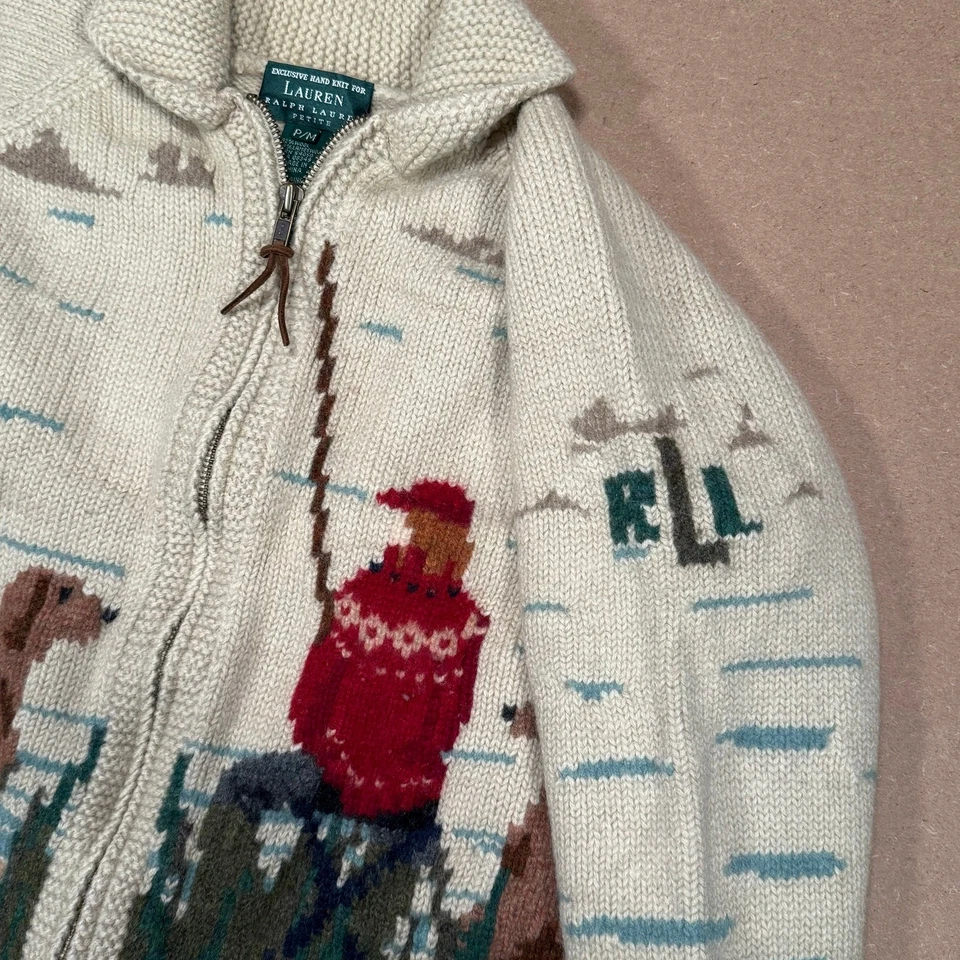 Cárdigan de lana tejido a mano Lauren Ralph Lauren pescador perro escena suéter juvenil M Foto 4 de 4