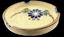 Vintage Mexico Tonala Sandstone Ashtray Cobalt Blue Flowers Hand Painted 3.5”