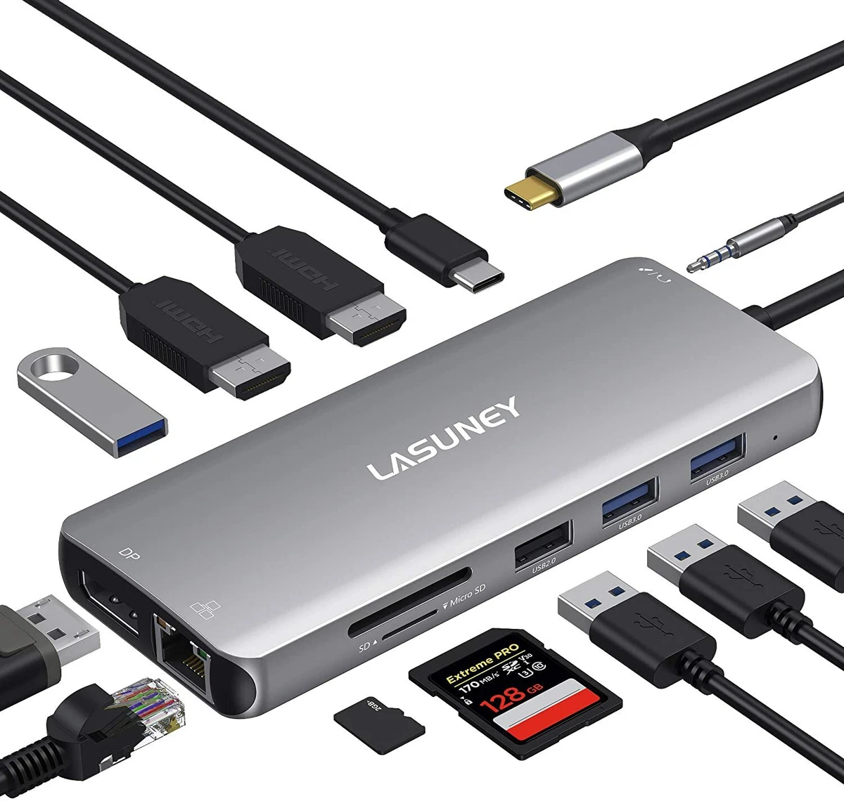Lasuney USB C Docking Station 12 in 1 USB C Dock with 2 HDMI DP PD3.0 Ether
