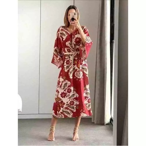ZARA Burgundy Red Kimono Sleeve Linen Bl Floral Midi Kaftan Dress M L 12 14 16 - Picture 2 of 7