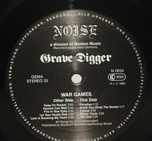 GRAVE DIGGER War Games LP Plays Well VG+ Germany 1986 Noise N0034 Metal Thrash - Picture 2 of 4