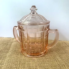 Colonial Block Optic Pink Glass Double Handled Sugar Bowl And Lid By Hazel Atlas