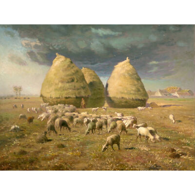 Hirse Heuhaufen Herbst Landschaft Gemälde XL Wandbild Leinwandbild