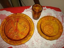 Vintage Amber Tiara Childs Tumbler, Bowl  Plate Nursery Rhyme Set Mother Goose