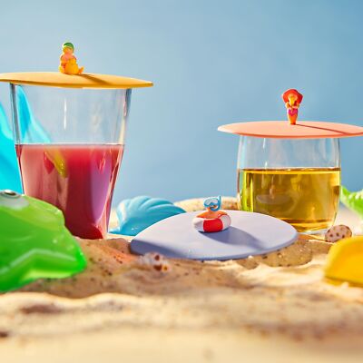 3er Set Glasdeckel Beach Kids aus Silikon perfekt zum Schutz der Getränke
