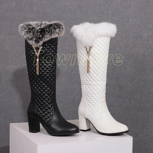 Halbhohe kniehohe Stiefel halbhoher Absatz Damen warm Fellbesatz Schnee Freizeitschuhe - Bild 4 von 6