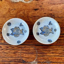 Vintage Oriental Stoneware Fish Design 4.5” Soy Dipping Bowls SET OF 2