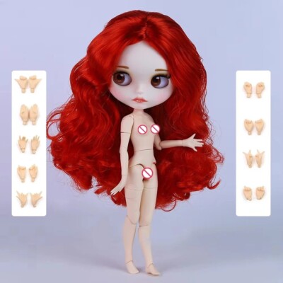 Nude Blythe Puppe, weißes mattes Gesicht, Gelenkkörper, rote lockige Haare, mit Augenbrauen