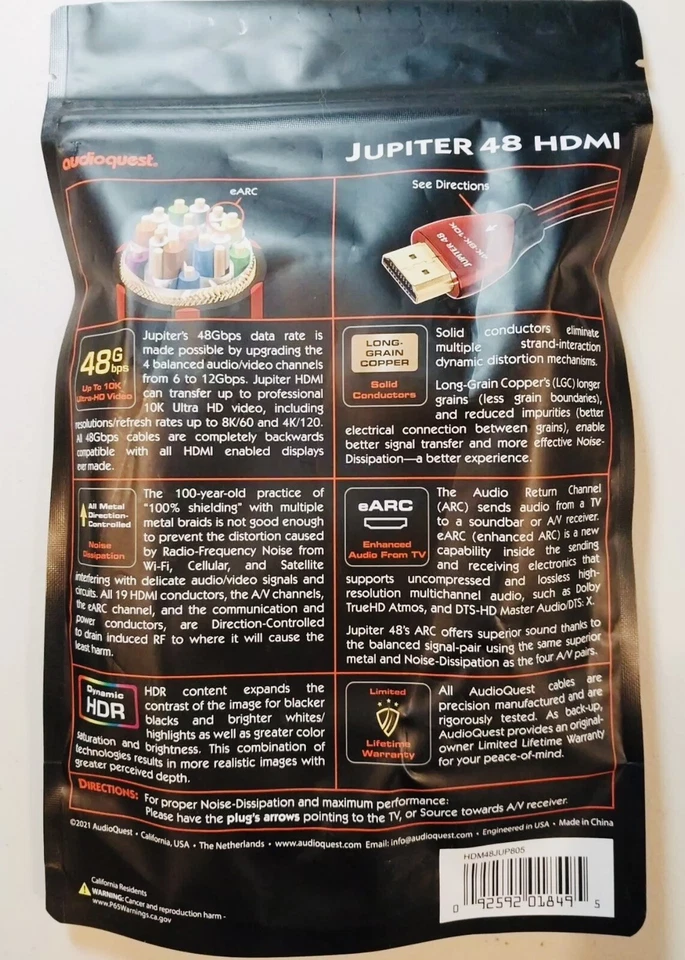 AudioQuest Jupiter 48g 8’ 4K-8K-10K HDMI Cable Ultra High Speed HD NEW/UNOPENED - Image 2 of 2