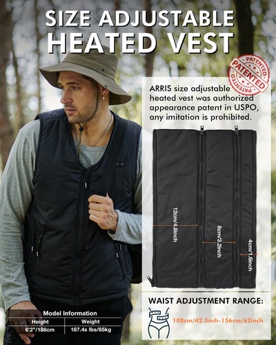ARRIS Heated Vest Size Adjustable 7.4V Battery Electric Warm Vest for Hiking - Picture 5 of 8