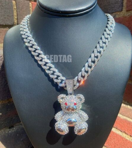 Oso de peluche helado pesado, dólar, colgante 100 emo, conjunto de cadena de collar de 24 - Imagen 7 de 31