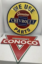 CONOCO & CHEVROLET “We Use Genuine Chevy Parts” Tin Rustic Shop Garage Signs