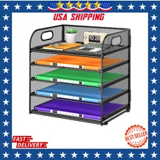 5 Tier Metal Mesh Paper Organizer File Tray Desk Document Sorter w/ Handle Black