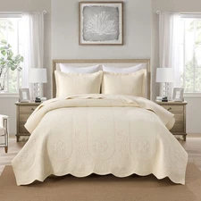 3 Pcs Cotton Embroidered Bedspread Set with Floral Stitching & Scalloped Edge
