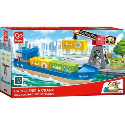 Hape International E3792 Wooden & Plastic Cargo Ship & Crane Set Ages 3 And Up