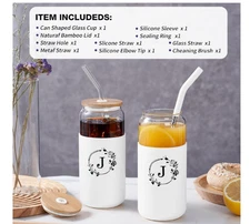 Monogrammed Glass Cup with Lid & Straw, Personalized Gift for Women, Mom, Sister