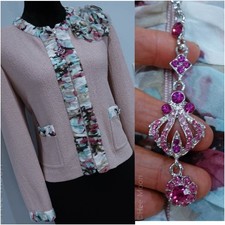 ST JOHN Attractive Dusty Rose/Chiffon with ANIMAL TRIM/corsage JACKET SZ 12  