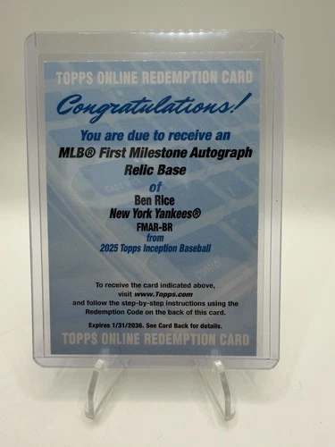 Ben Rice 2025 Topps Inception 1st Milestone Base Relic Auto Yankees RC Redem /99