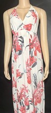 Simplee Women's Floral Maxi Dress  White V-Neck Backless Halter  Leg Slit Sz Lg