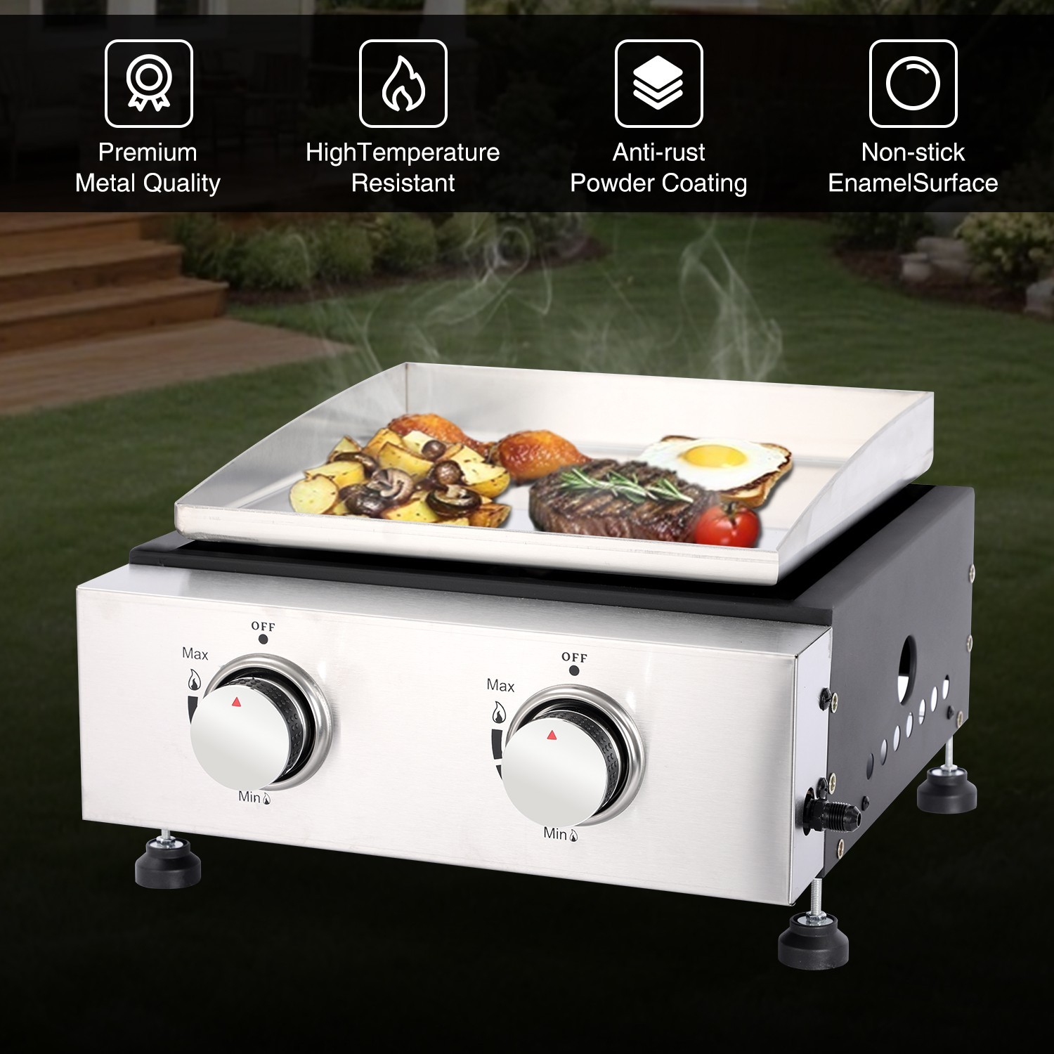 14 Inch Tabletop Gas Grill, 2 Burner Portable Flat Top Griddle with Legs, Cover