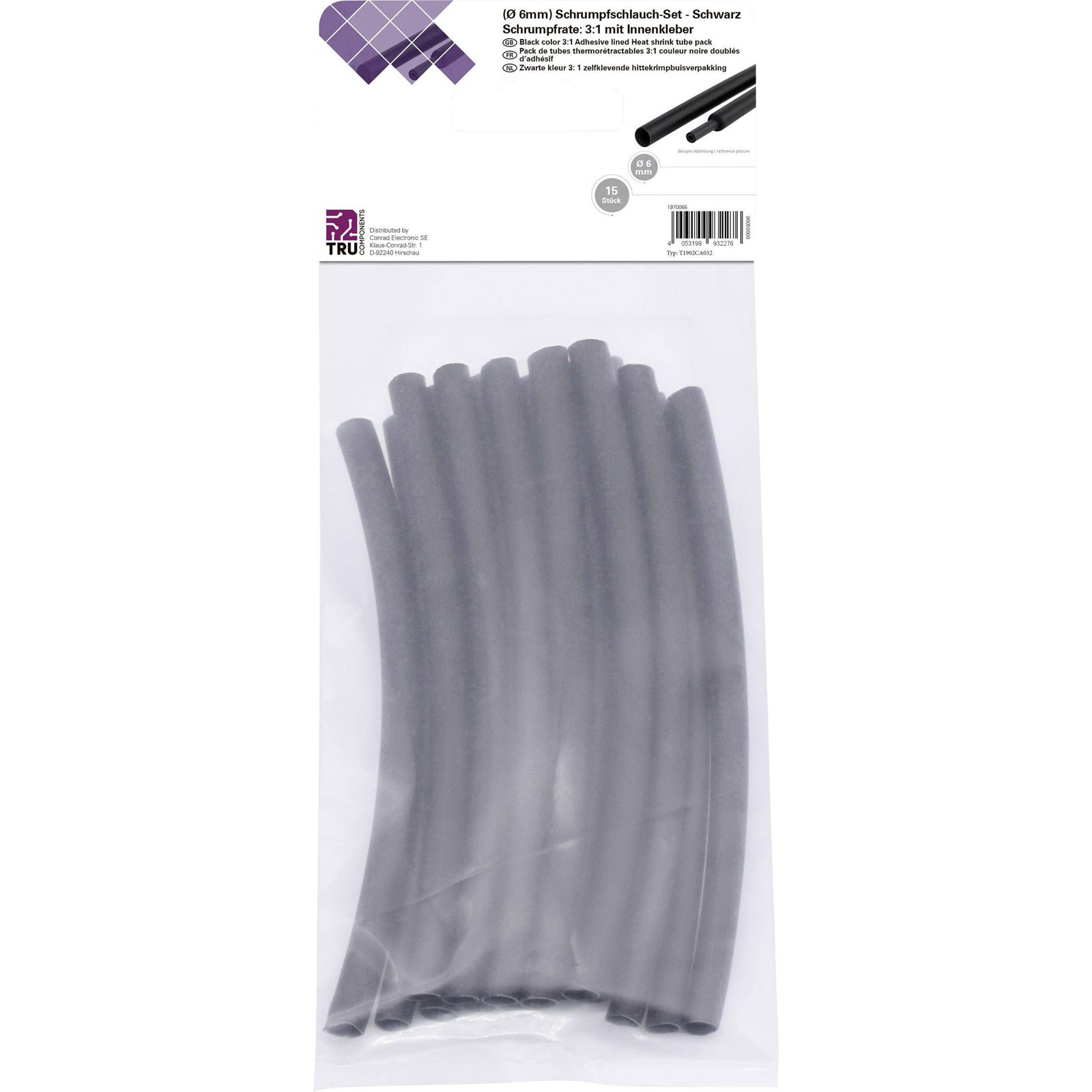 TruComponents Heatshrink set Blk 6mm 2mm Shrinkage:3:1 15pcs