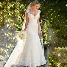 Lace Appliques Mermaid Wedding Dresses Backless Cap Sleeve Trumpet Sweetheart