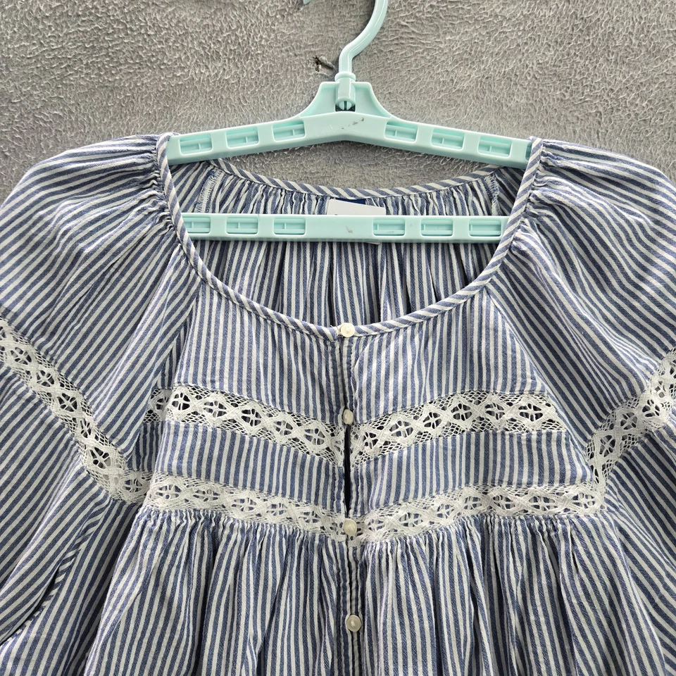 Blusa Mujer Antigua Azul Marino L Rayas Campesino Botón Encaje Cuello Redondo Foto 4 de 4