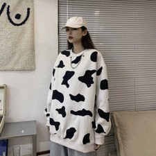 Lady Girl Cow Print Blouse Thin Pullover Sweatshirt Long Sleeve Top Harajuku New