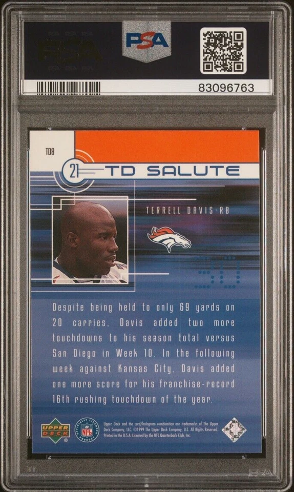 21 TD 1999 cubierta superior saludo #td8 Terrell Davis Hof Low Pop PSA 10 gemas como nuevo Foto 2 de 2