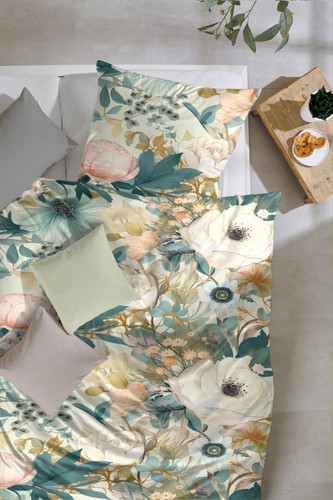 Primera Mako-Satin Bettwäsche 155x220 Blüten Rosen weiß creme petrol 243230-51 - Bild 2 von 3