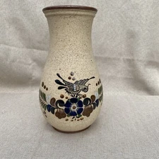 SIGNED 8.75” POTTERY MULTI COLORED TONALA BIRD FLORAL MEXICAN VASE