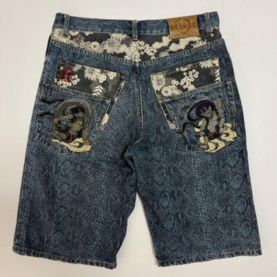 Karakuri Tamashii Python Japanese Pattern Denim Shorts