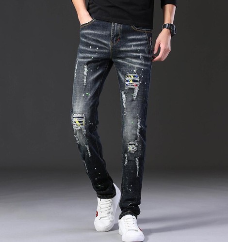 Herren Schwarz Denim Jeans Gerades Bein Slim Fit Freizeithose Punk Hüfthose - Bild 4 von 9